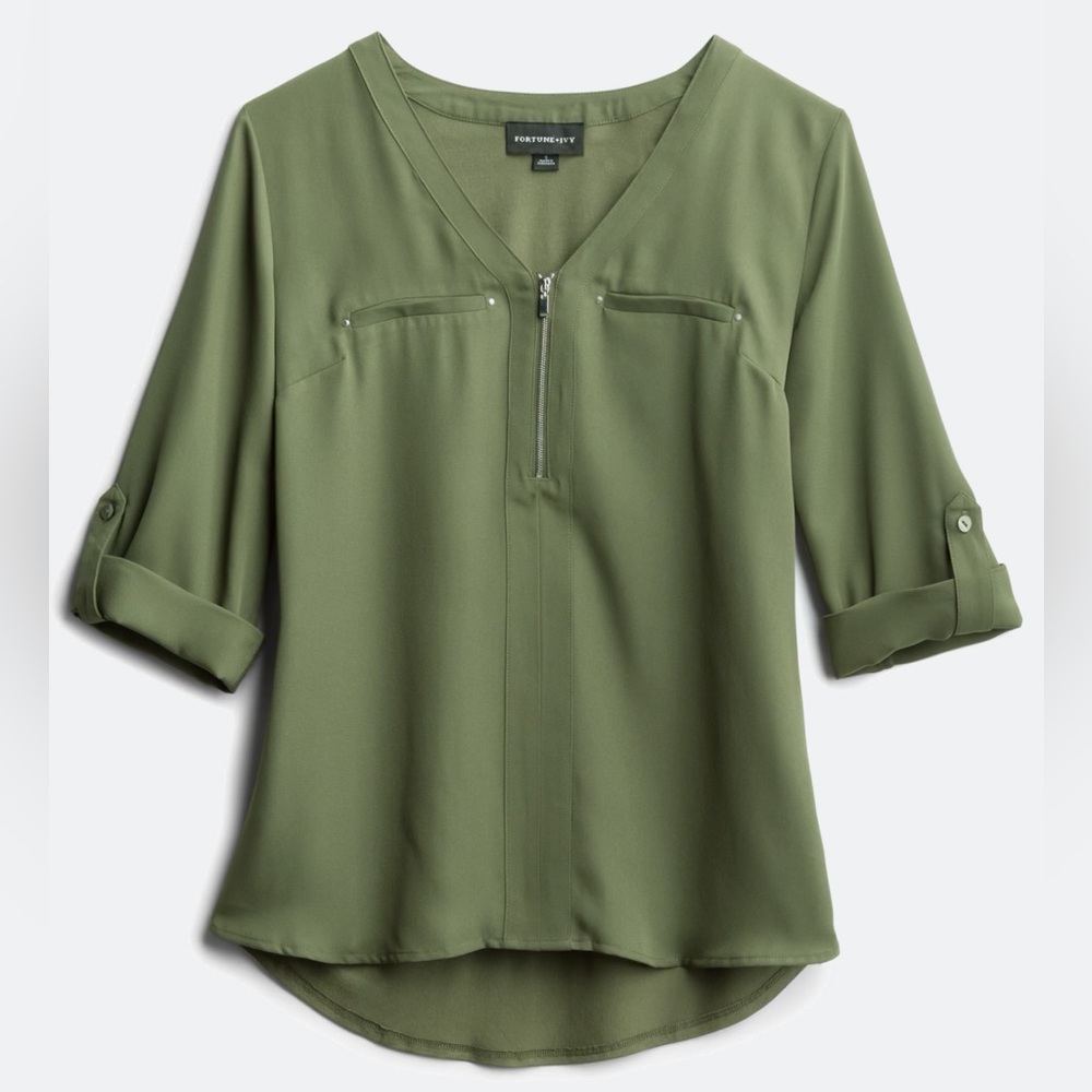 Fortune + Ivy Zipper Detail Mixed Material Blouse
